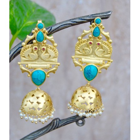 Gold Matte Turquoise Swan Jhumka Earrings